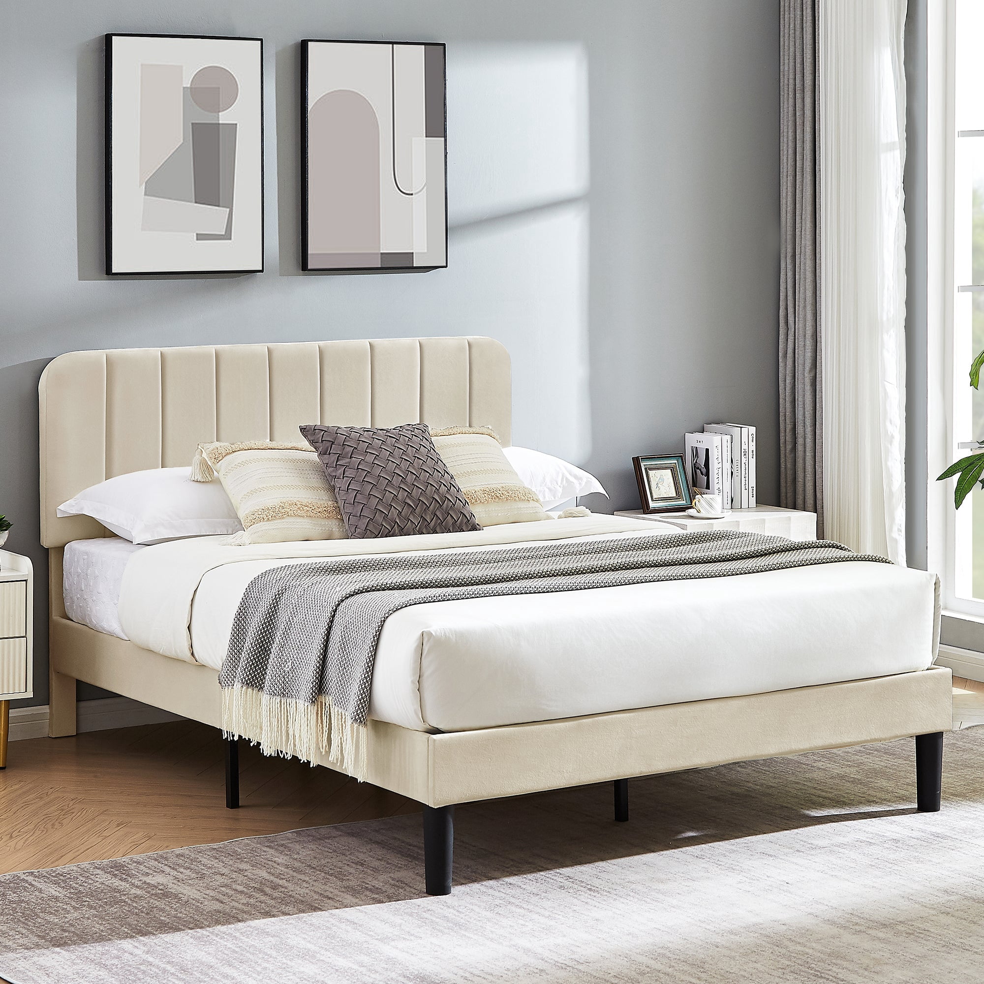 VECELO Full Size Bed Frame, Upholstered Platform Bed Frame with Adjustable Headboard, No Box Spring Needed, Easy Assembly, Beige