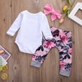 thumbnail image 3 of Bagilaanoe 3pcs Newborn Baby Girl Long Pants Set Letter Print Long Sleeve Romper Tops + Flower Print Trousers + Headband 3M 6M 12M 18M Infant Casual Outfits, 3 of 7