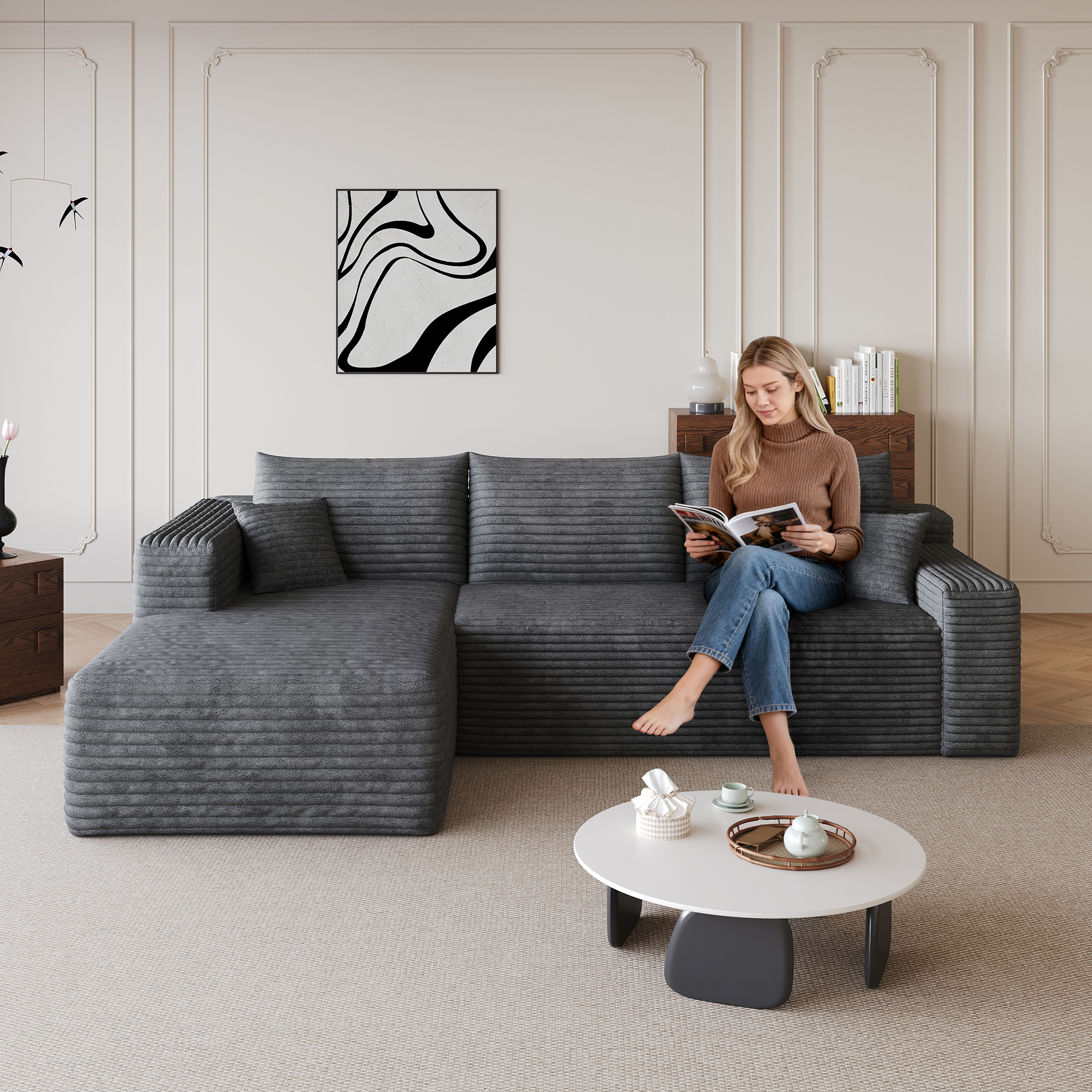 Leumius Modular Sectional Sofa,Oversized L-Shape Cloud Couch,Modern Corduroy Upholstered Couches for Living Room,No Assembly Required,Dark Gray(Left Facing Chaise)