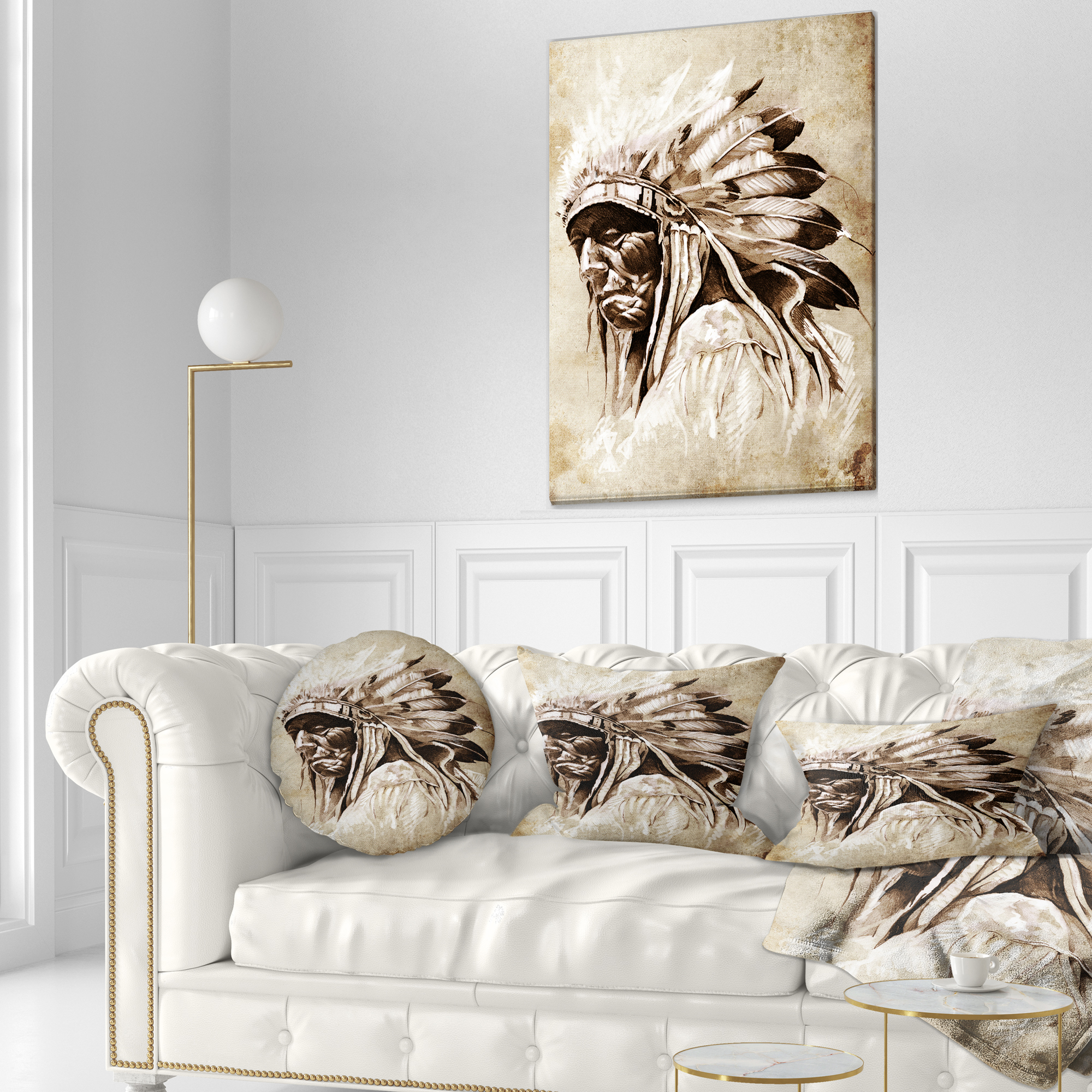Designart Vintage Style Indian Head Tattoo - Abstract Throw Pillow - 12x20