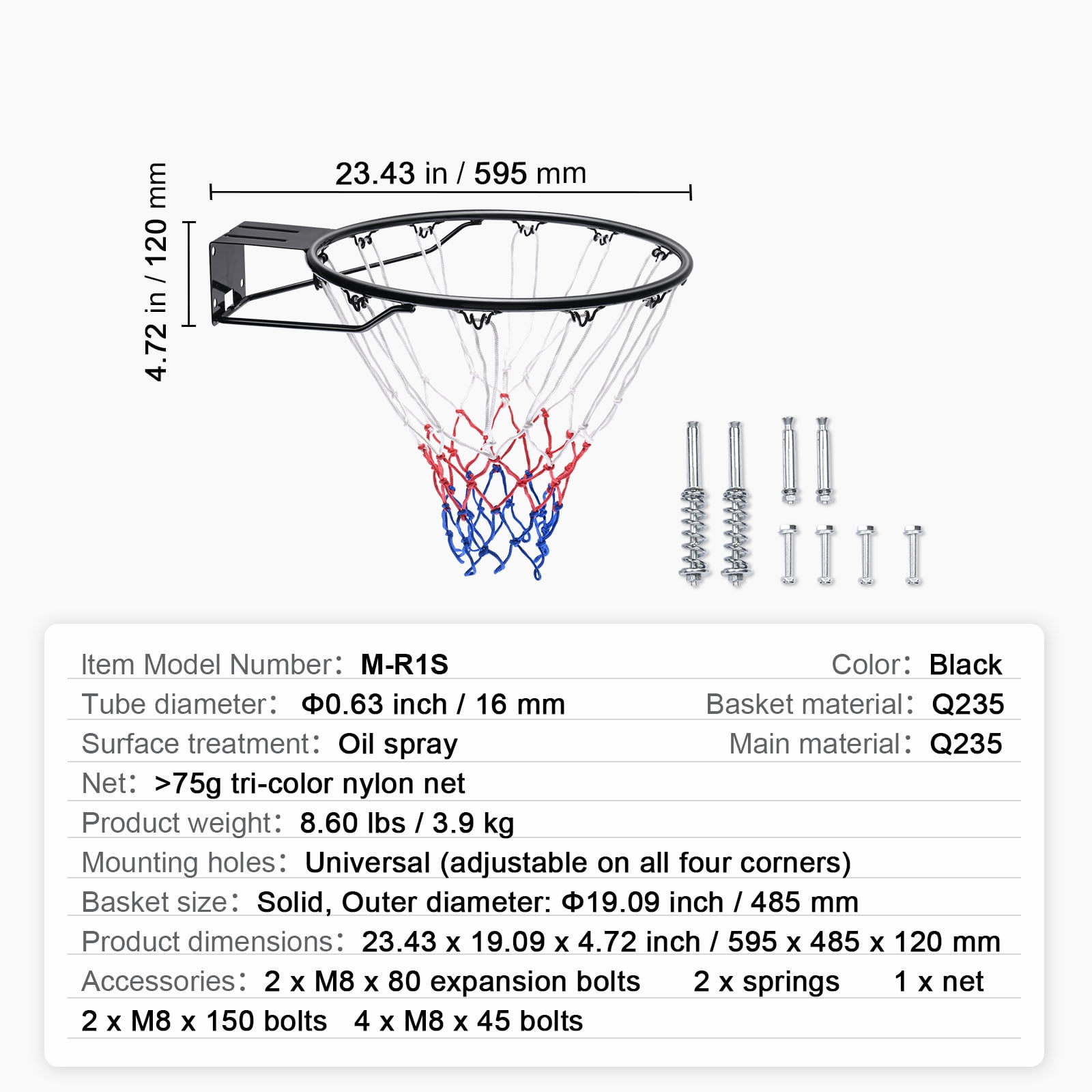 KFFKFF Basketball Ring, Door or Wall Mountable Basketball Basket, Robust Q235 Basketball Flexible Ring Goal Substitute with Net and Twin Spring, 18" Indoor Outdoor Suspended Hoop for Children Adults
