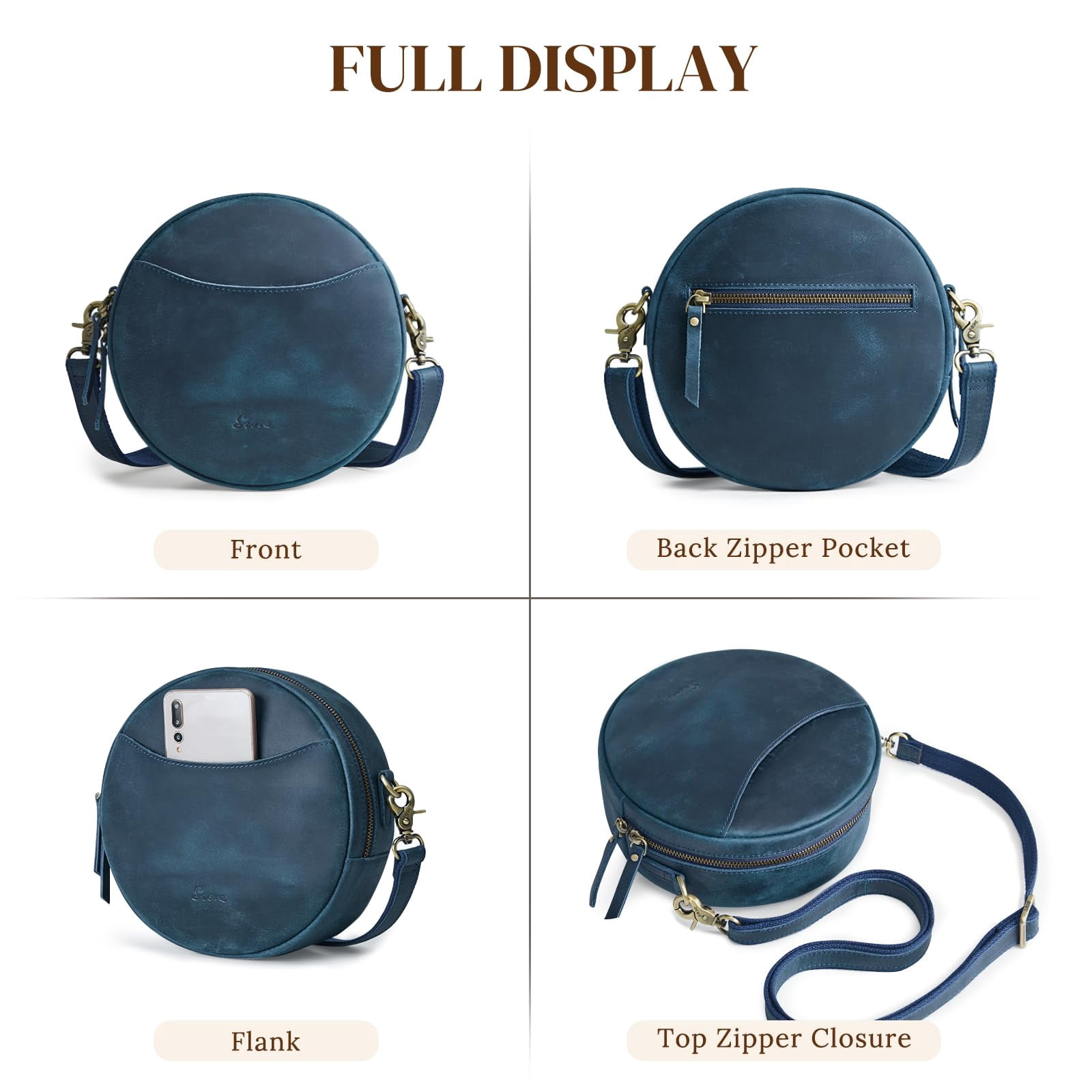 S-ZONE Leather Crossbody Bags for Women Trendy Circle Cross Body Shoulder Bag Designer Round Purses