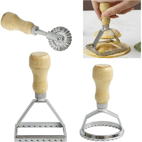 Ravioli Stamp Maker Cutter with Roller Wheel Set, Large Size Aluminum Press with Wooden Handle and Fluted Edge, Ravioli Maker Stamp for Ravioli, Pasta, Dumplings Lasagna, Pierogi, Set of 3