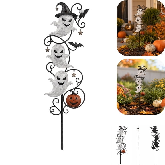 Solar Powered Halloween Ghost Garden Stake Lights 3 Glowing Metal Ghost Ornaments Waterproof LED Yard Decor for Lawn Pathway Patio Front Entry Porch