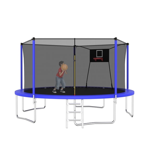 CASEMIOL 14FT Trampoline Outdoor for Kids and Adults, 1000 LBS Weight Capacity, with Enclosure Net, Basketball Hoop, and Ladder – Recreational Trampoline for Family Fun, Blue