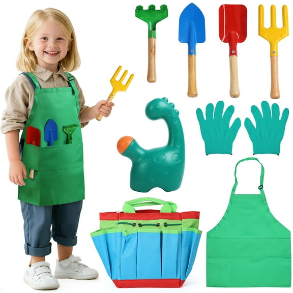 JoyStone Kids Gardening Set with Dinosaur Watering Can, Apron, Gloves & Tote Bag, Outdoor Pretend Play Garden Tools for Toddlers, Boys & Girls Ages 3 