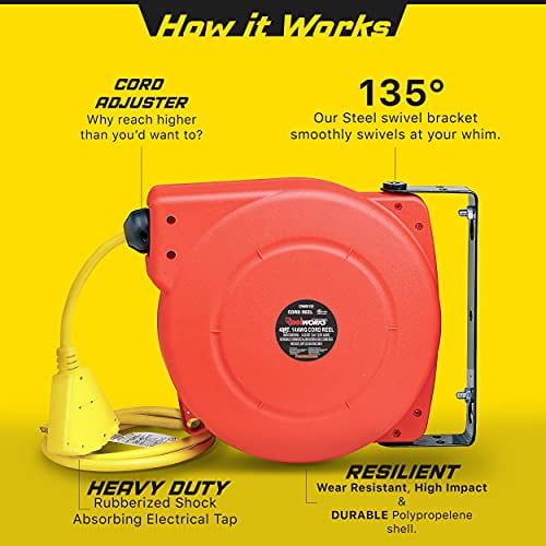 ReelWorks Extension Cord Reel Retractable, 14AWG x 40' Ft 3C SJT
