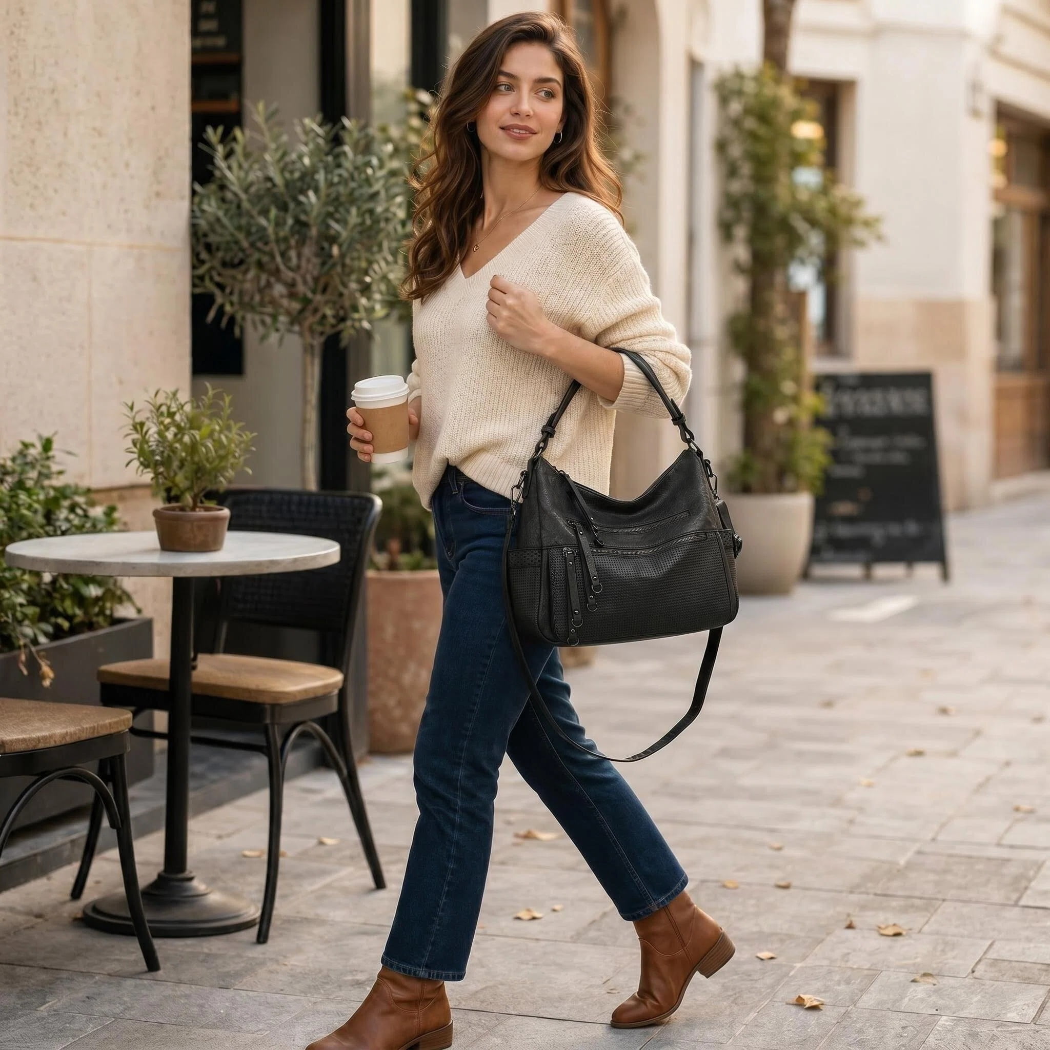 Capamaster Large Capacity Vintage Hobo Bag | Retro PU Leather 2-Way Shoulder Crossbody Purse for Women Black