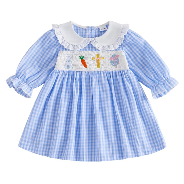 Zshosam Robes pour Ados Tout-Petits Petite Robe Bébé Fille Robe Imprimée Robe Smockée Manches Courtes Col Claudine Robes à Carreaux Taille 2T 3T,(Bleu 2-3 Ans)