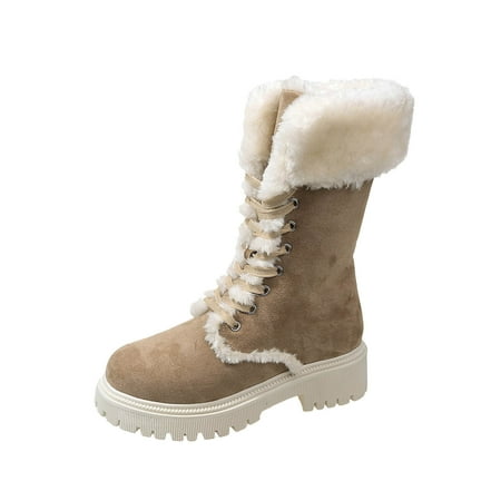 

Xfvqtps Womens Snow Boots Mid Calf Plush Fleece Line Suede Upper Lace Up Chunky Heel Non Slip Warm Winter PU Shoes New Thick Heel Strap Boots Khaki