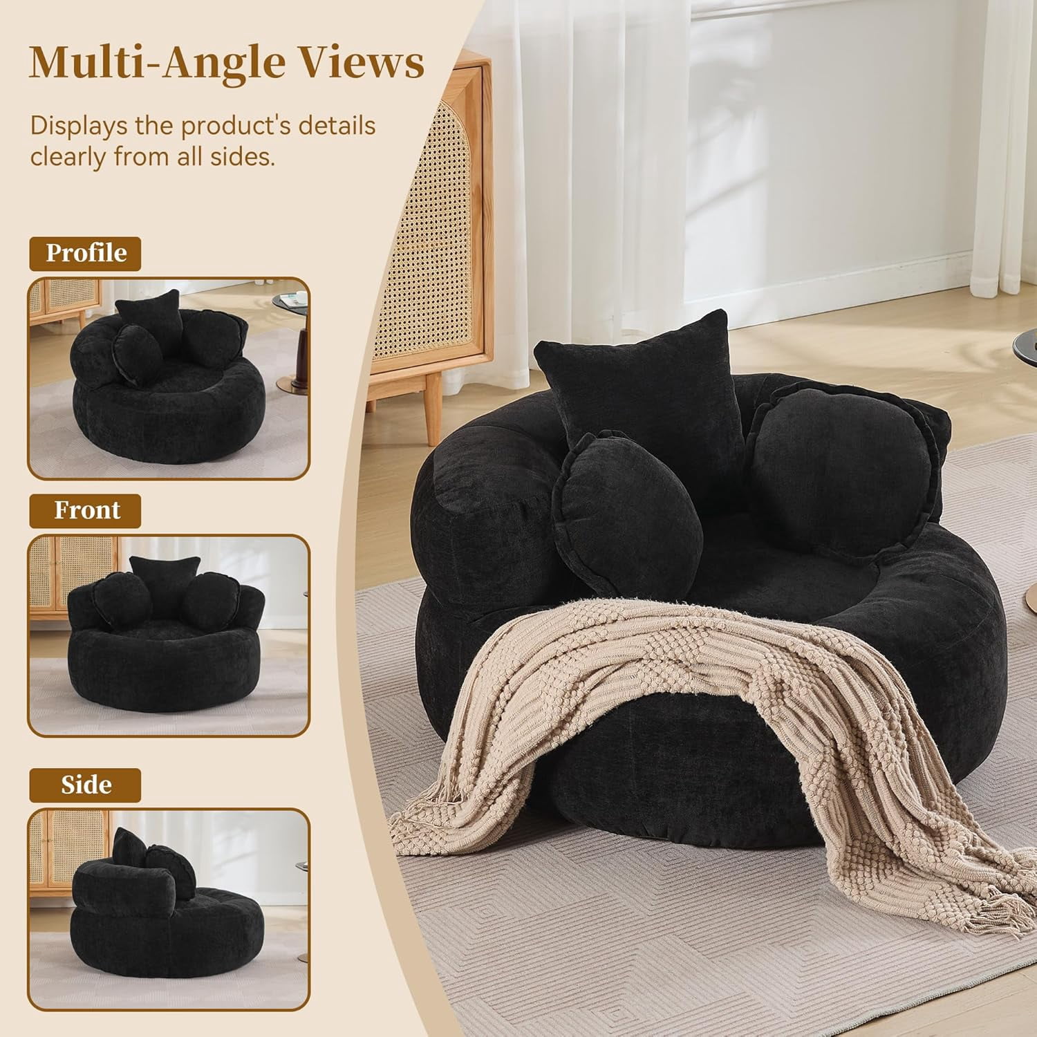 43'' Round Oversized Chaise Lounge Indoor Chair, No Assembly Chenille Compressed Circle Sofa Bed,Comfy Upholstered Sleeper Couch,Lazy Bean Bag Couch for Living Room, Bedroom,Black