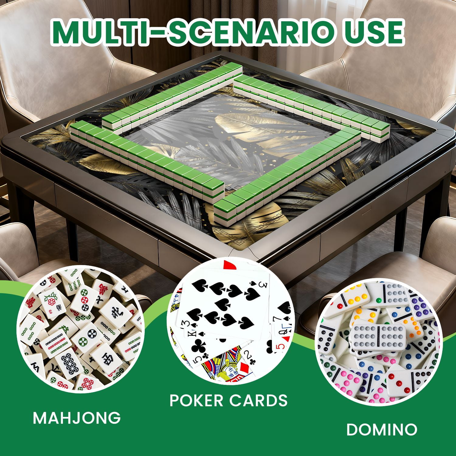 Mahjong Mat 31.5" x 31.5" Seamless tropical Leaves palm tree Gold gray Non-Slip Noise Reduction American Mahjong Tiles Table Cover for Dominoes Poker Card Board Games Gift
