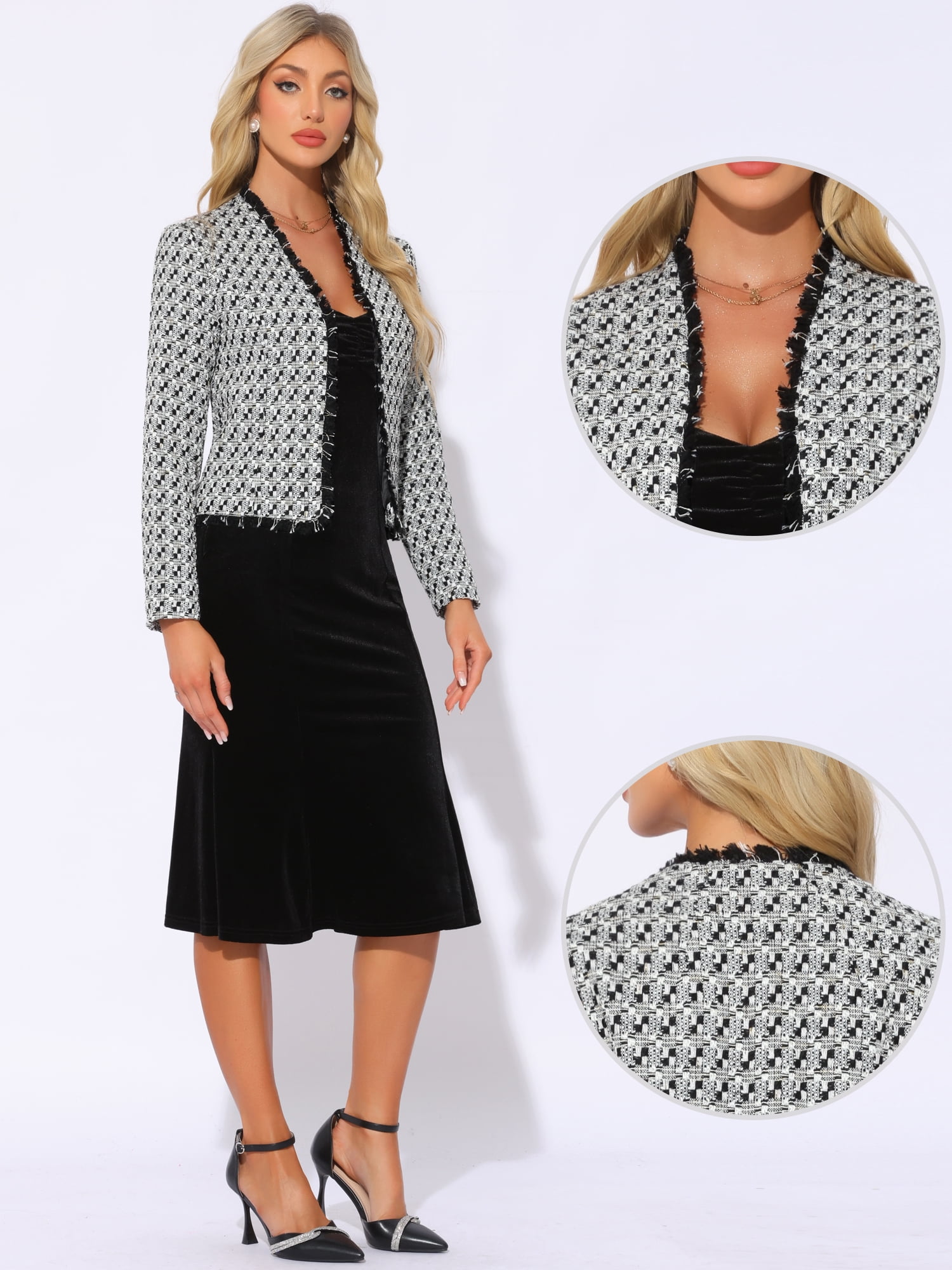 DARING DIVA Women's Plaid Tweed Long Sleeve Open Front Work Office Jacket L Black