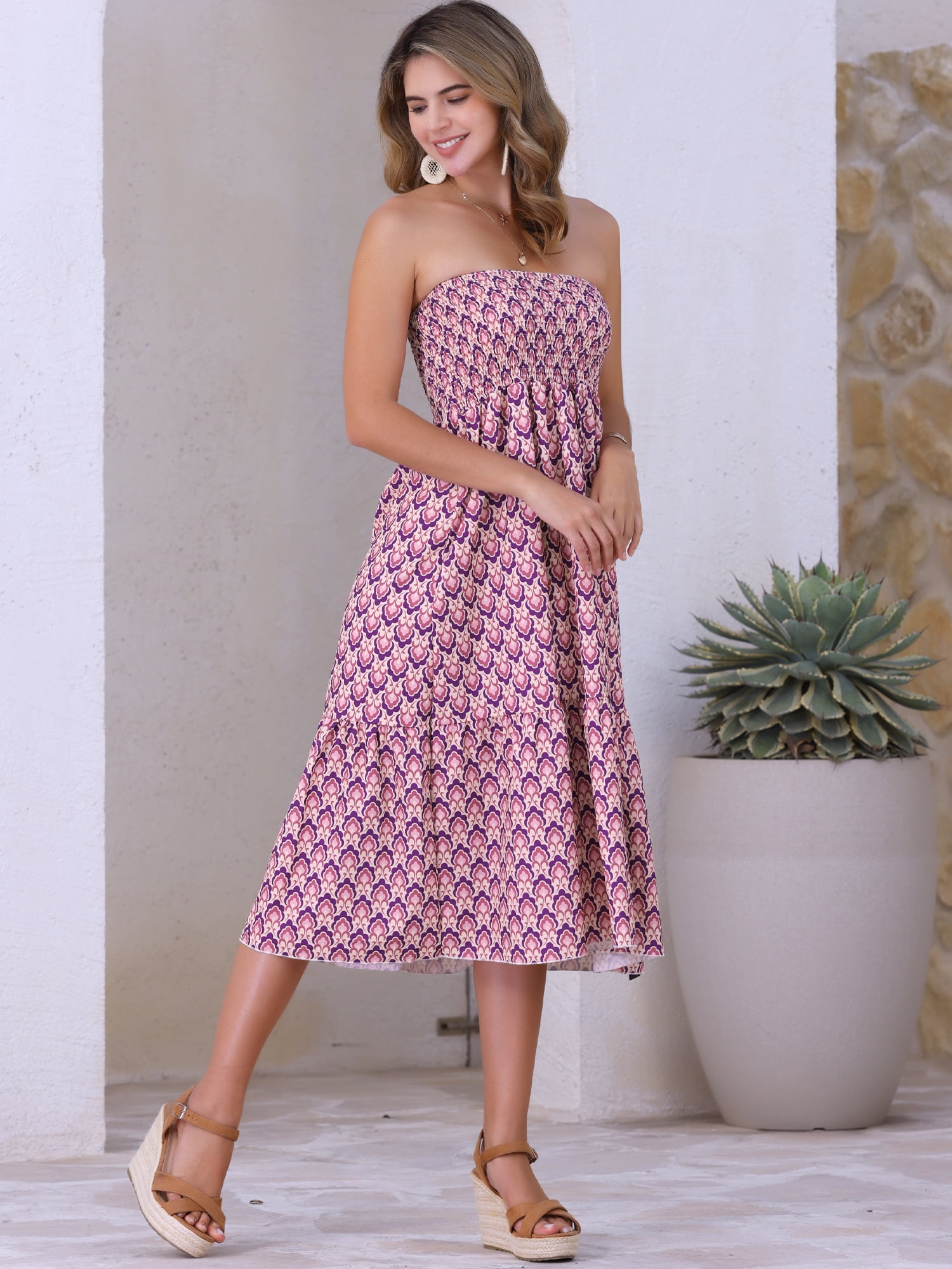 DARING DIVA Women's Summer Smocked Waist Flowy Maxi Skirts M Purple Floral