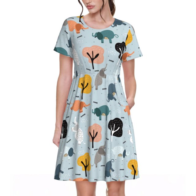 Easygdp Elephant Tree para Vestido Transpirable de Mujer, Vestido Suelto de Manga Corta con Pliegues y Bolsillos para el Verano
