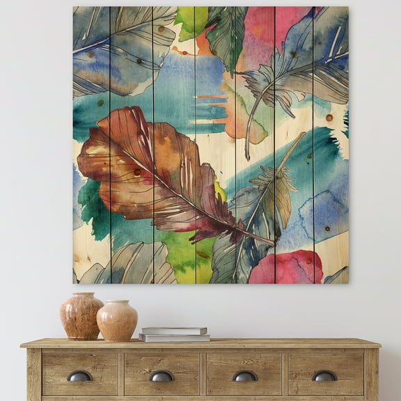 Designart 'Bird Feather In Pink and Blue' Traditional Print on Natural Pine Wood