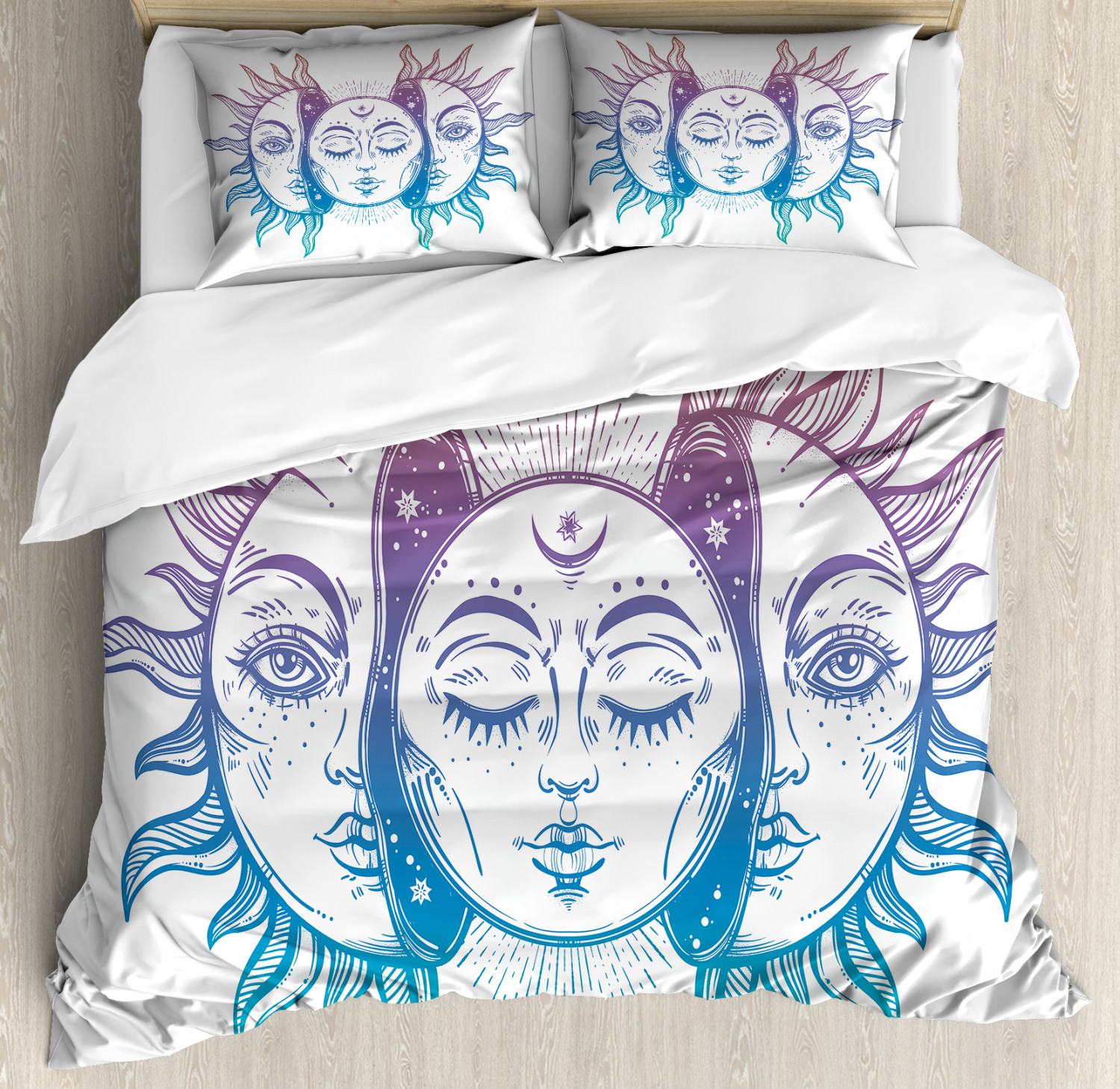 Moon Queen Size Duvet Cover Set, Psychedelic Representation Heavenly