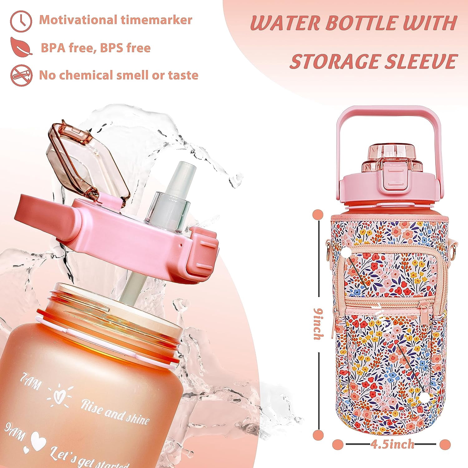 64 oz Water Bottle with Straw & Sleeve motivational BPA-free Half Gallon Water Bottle Holder with Strap Aesthetic Water Jugs for Drinking with Handle for Gym Women Men Flower