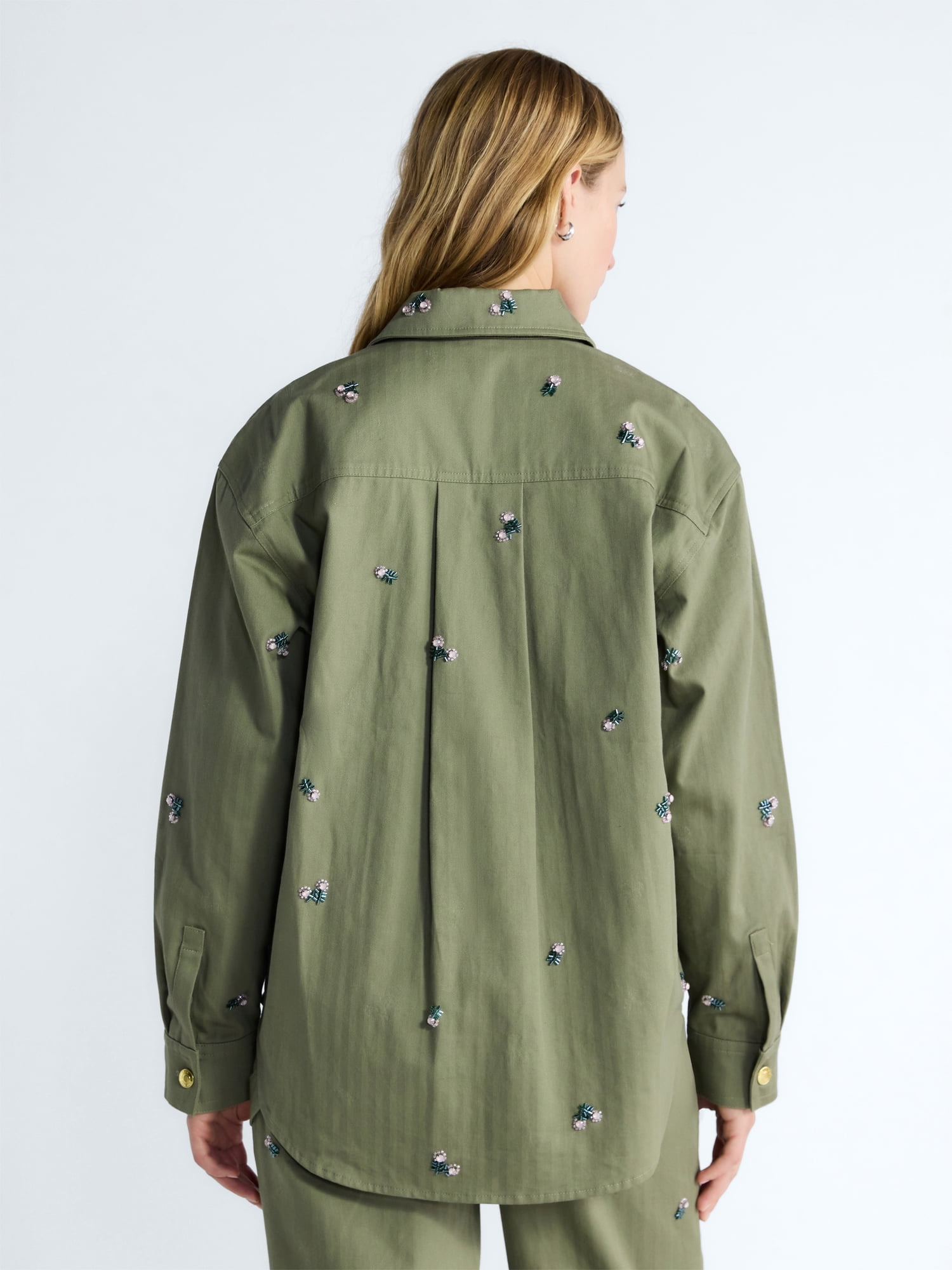 Free Assembly Women's and Women's Plus Embellished Cotton Utility Shirt with Long Sleeves, Sizes XS-4X