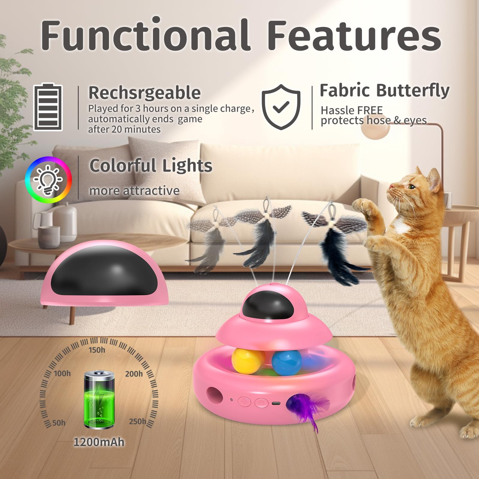 Automatic Cat Toys 4-in-1 Interactivecat For Bored Indoor Adult Cats  Electric Flying Butterfly Rechargeable Moving Ambush Pink Kitter Track Balls