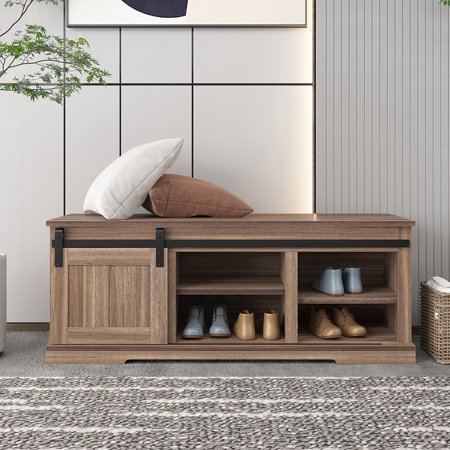 Yipa Multifunctional Adjustable Shelf Cabinets Classic Living Room Sliding Door Large Space Rectangular Cushioned Top Entryway Shoe Cabinet Antique Gray