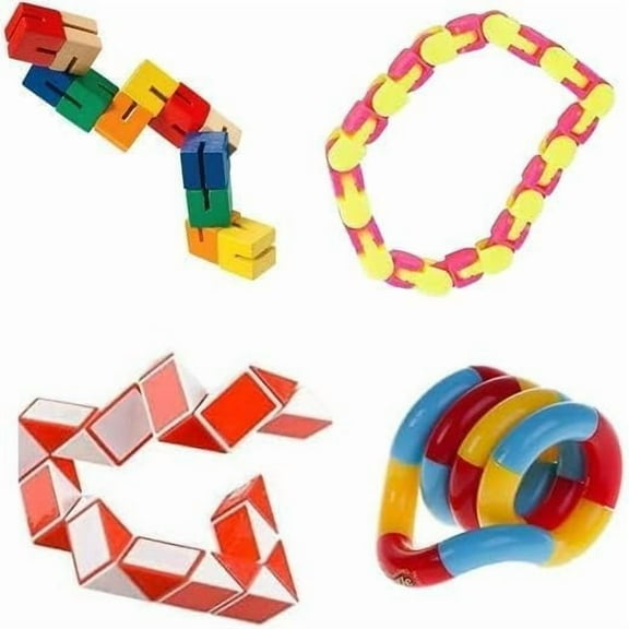 Twisty Fidget Toy for Kids and Adults The 4 Pk : Genuine Tangle Jr , Fidget Snake Puzzle, Folding Blocks, Snap & Click Wacky Tracks