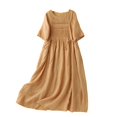 thumbnail image 2 of Kmdttou Women's Short Sleeve Loose Plain Dresses Solid Color Lace-up Organ Pleats On Both Sides Loose Casual Mid-sleeve Linen Dress, 2 of 6