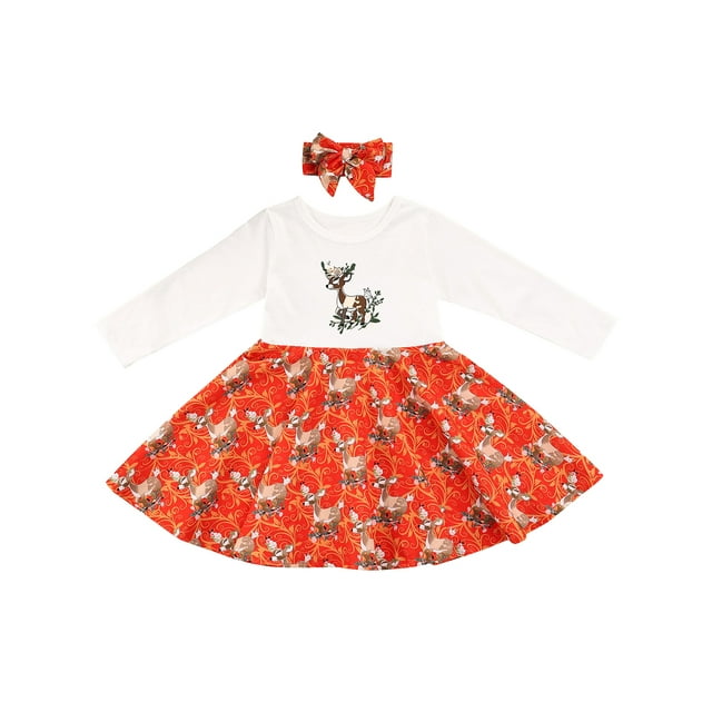 Xingqing 2 Pcs Robe de Noël pour Bébé Fille Imprimé Cerf Manches Longues Col Rond Bandeau Noué