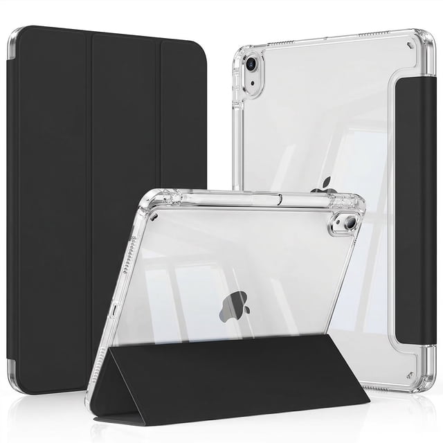 Funda para iPad 10ª Gen 10.9” con Porta Lápiz (Parte Trasera Rígida Transparente, Color Negro, con Stickers)