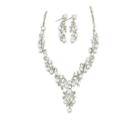 Iuhan Lady Wedding Pearl Rhinestone Short Necklace Earrings Jewelry
