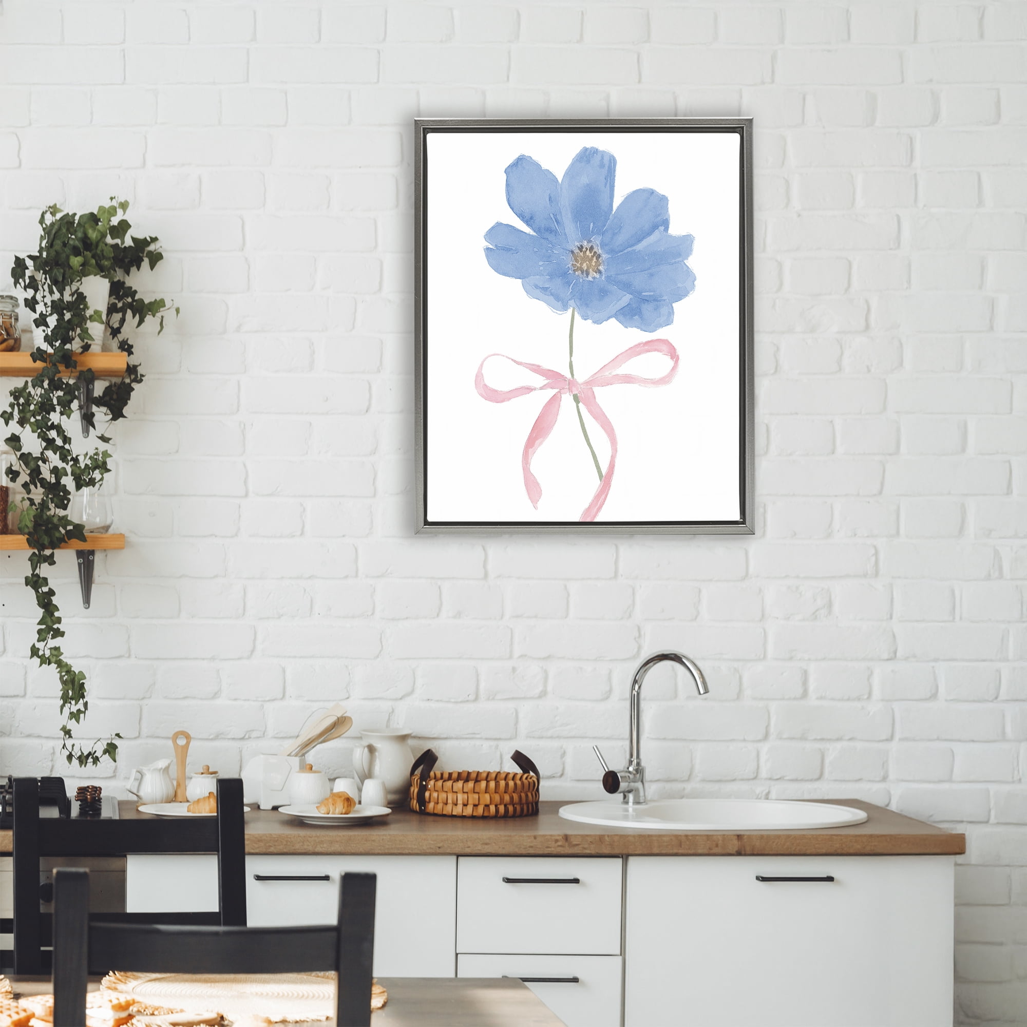 Stupell Industries Blue Bow Bloom Gray Framed Floater Canvas Wall Art, design by Lucille Price