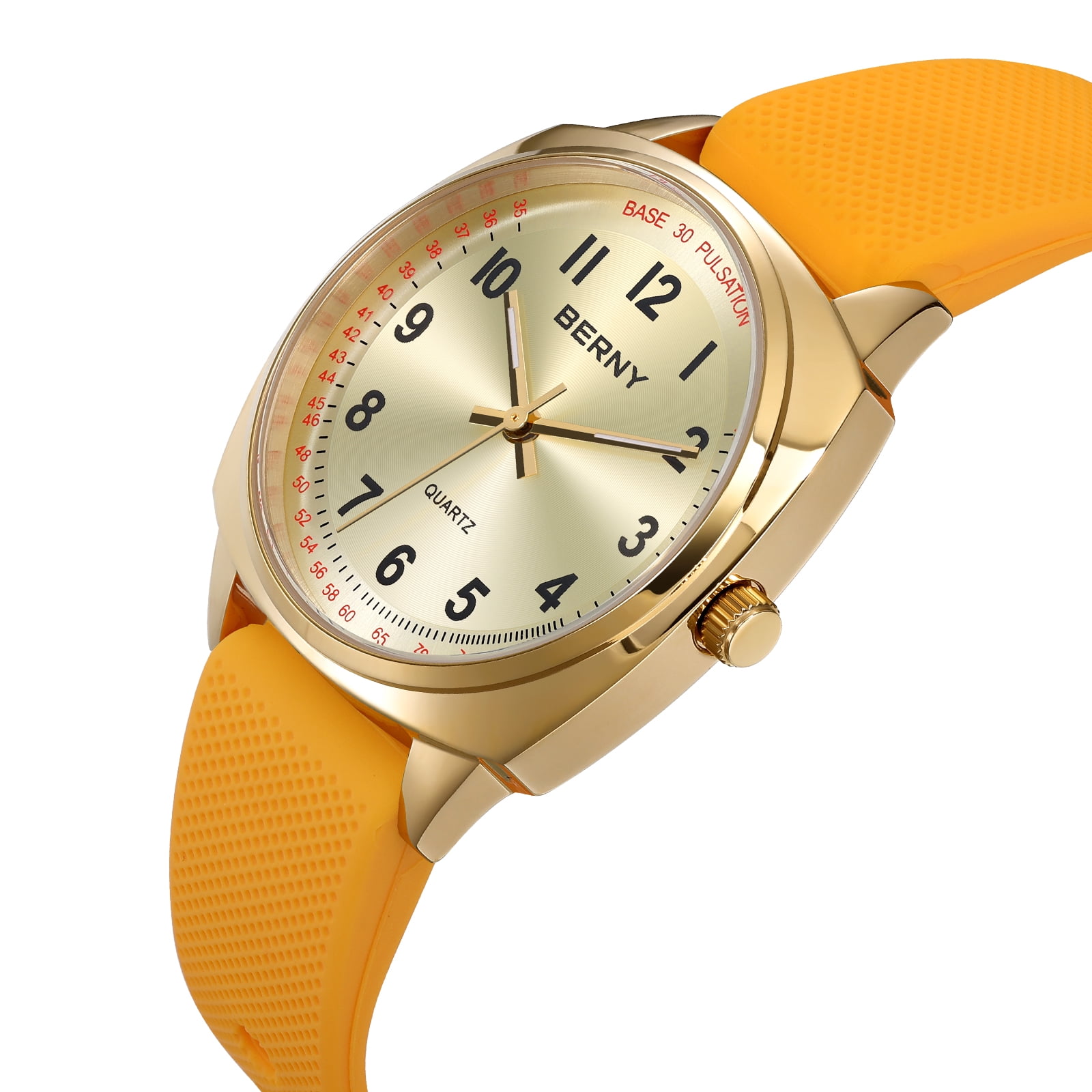 BERNY Nurse Watch for Women, Fashion Ladies Analog Quartz Watch with Silicone Strap, Pulse Meter Function, 3ATM Waterproof Womens Wristwatch, Easy Read Numerals Nursing Watch Gift, Yellow