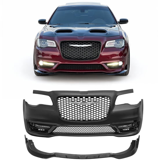 Ikon Motorsports Front Bumper Cover, Compatible with 2015-2023 Chrysler 300, 300S Style Unpainted Black PP Replacement Conversion Bodykit with DRL, Fog Lights, Gloss Black Upper/Lower Grille and Lip