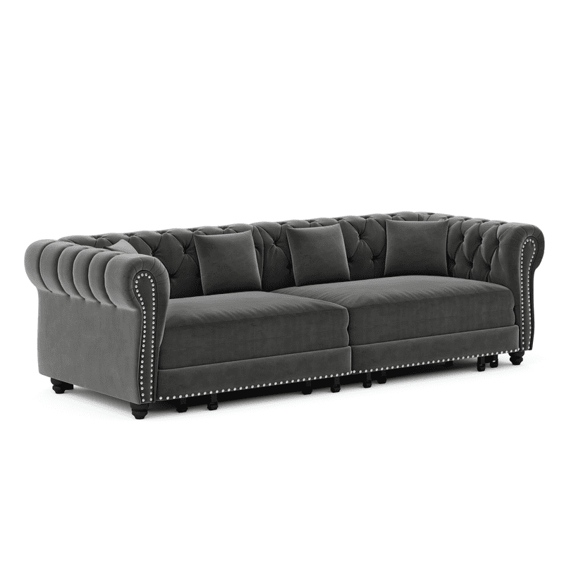 3-in-1 Pull-Out Sofa Bed, 89'' Chesterfield Sofa, Convertible Sleeper Sofa Bed, King Size Sofa Bed, Chaise Lounge, Tufted Design Velvet 3-Seater Sofa with Movable Ottoman