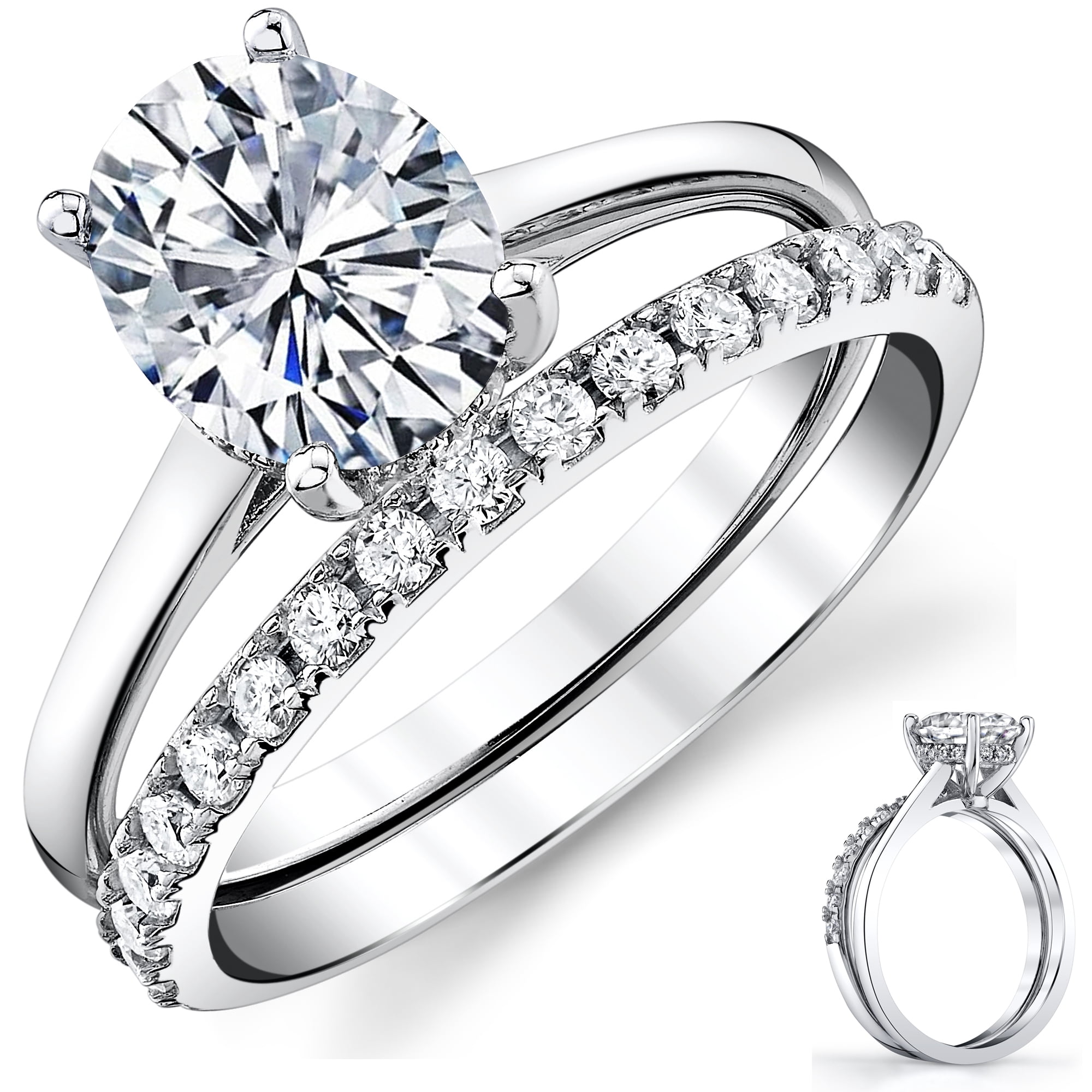 Metal Masters Womens 2.5Ct Oval Moissanite Engagement Ring Bridal Set 18K White Gold Plated Silver 9mm