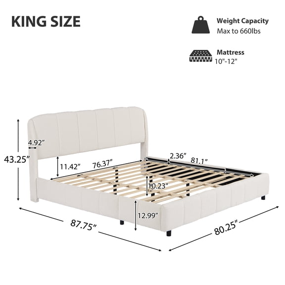 Bed Frames King Size Platform Bed with Boucle, Soft Boucle Fabric Upholstered Platform bed with Curve-Shaped Design Headboard, Beige,Storage Beds Frames