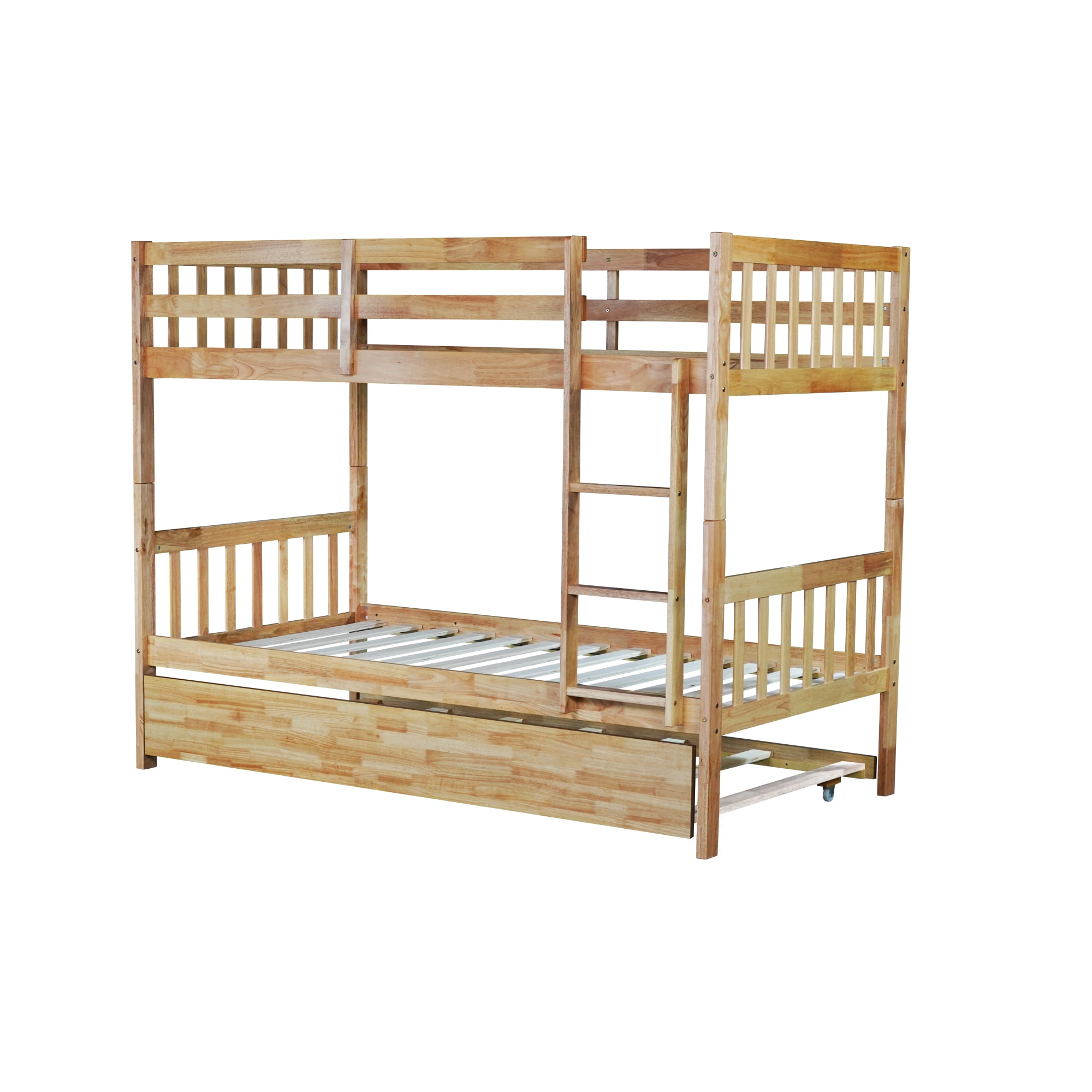 Leumius Twin over Twin Size Bunk Bed Frame with Trundle, Twin Size Bunk Bed with Ladder and Safety Guardrails for Boys Girls Oak