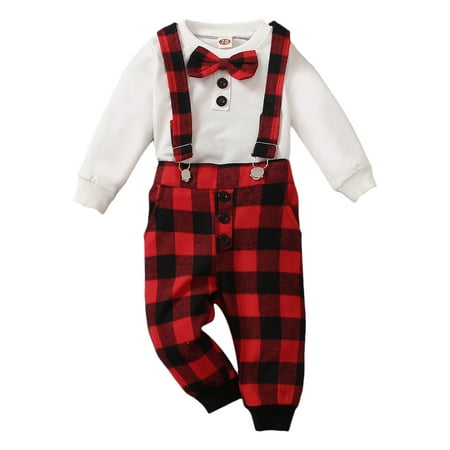

Baby Boys Outfit Set Long Sleeve Christmas Shirt Tops And Pants 3Pcs Child Kids Gentleman Bowtie Fall Winter Overalls Outfit Sets 2 Piece Sizes 18-24 Months