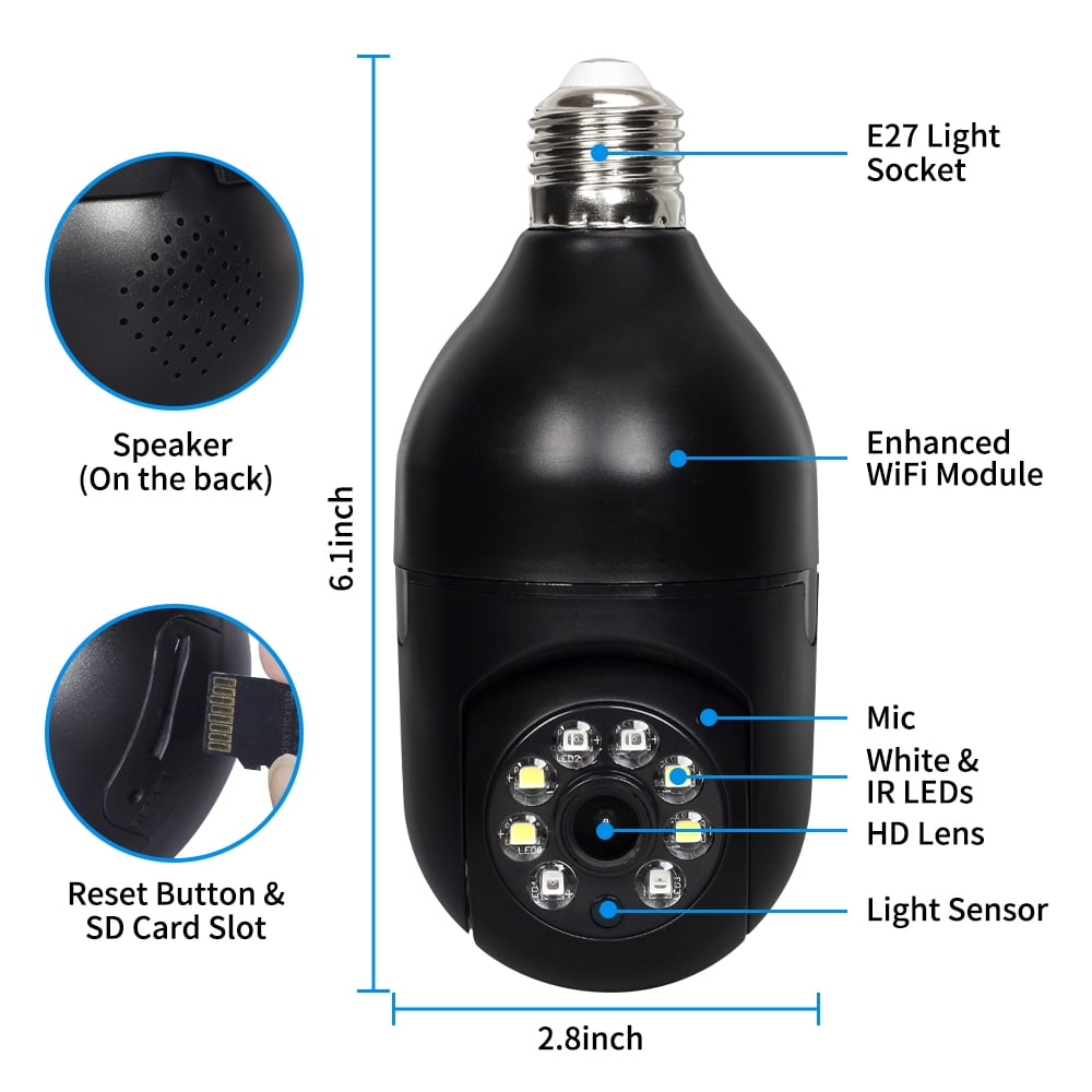 2.4GHz & 5GHz WiFi Smart Home Security Camera, 360°PTZ 1080P IP Camera Light Bulb Camera, Auto Tracking Full Color Night Vision Wireless Baby Monitor, Black