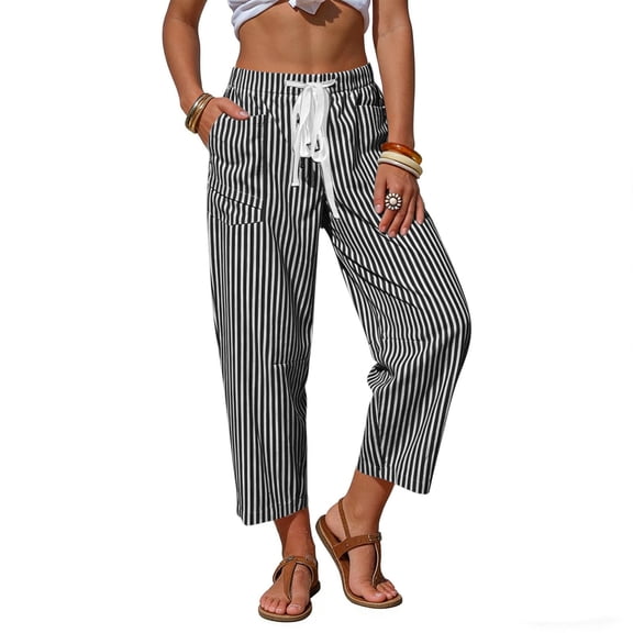 Womem's 28"Pants Striped Stretch Waistband with Drawstring Pockets Comfortable and Casual Loungewear