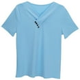 thumbnail image 3 of Big Kid Girls Casual Short Sleeve V Neck T Shirt Pure Color Ruffled Button Top For Everyday Wear School Outdoor Spring Summer Girls Christmas Long Sleeve Tops Teenage Girl Tops 9-10 Years Blue, 3 of 6