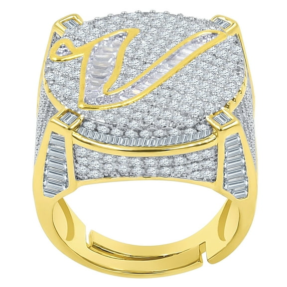 Mens Gold Tone Baguette/Round Cut Simulated Diamond Initial Letters Alphabet "V" Ring Band