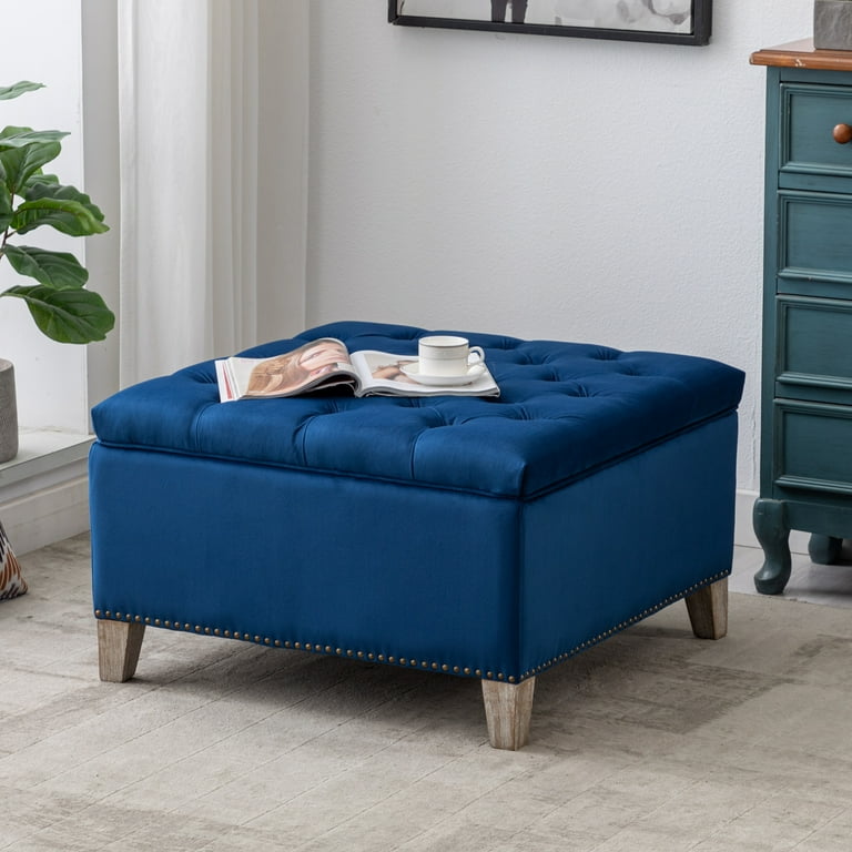 WestinTrends Square Velvet Tufted Storage Ottoman for Living Room Bedroom Velvet Royal Blue