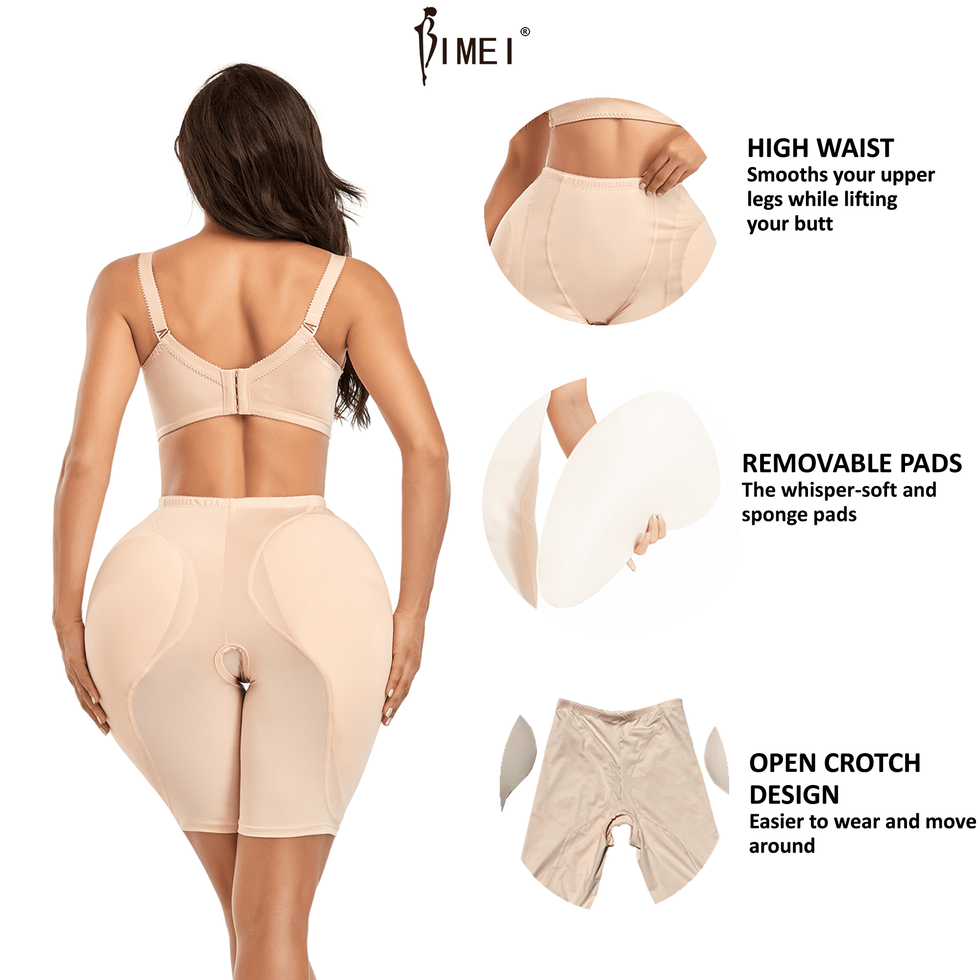 BIMEI 2PS Butt Lifter Hip Enhancer Padded Shapewear Control Panties Women  Mid-Thigh Tummy Control Body Panties,High Waist Open Crotch ,Beige, L