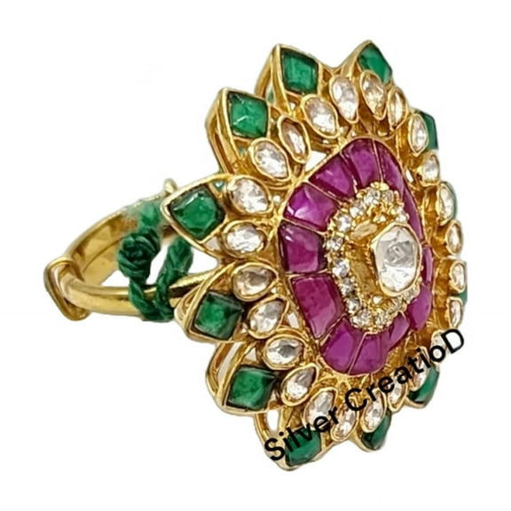 Sterling Silver Moissanite Statement Ring, Emerald Ruby Ring, Gift For Wife, Antique Jewelry