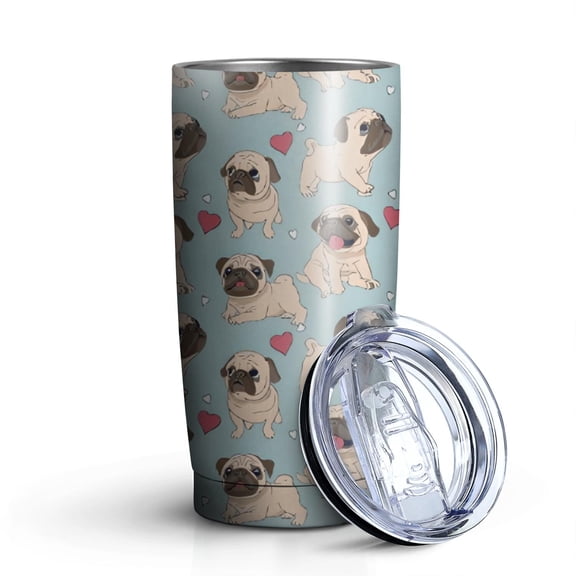 20oz Tumblers Pug and Love Heart Stainless Steel Vacuum Insulated Double Wall Travel Tumbler Cups Mug with Lid and Straw,Cleaning Brush for Cold & Hot Drinks