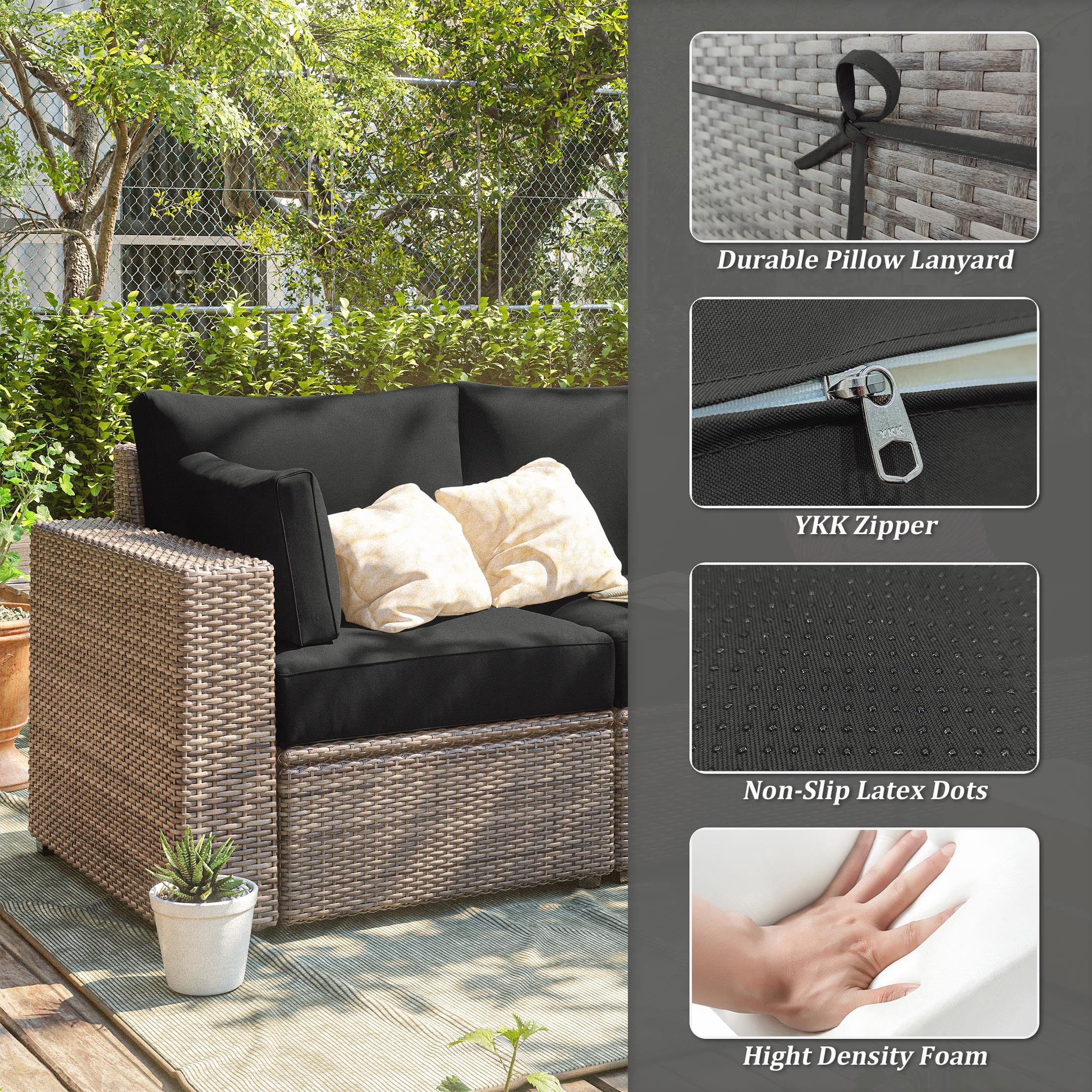 Pakunoda Outdoor Cushions Replacement, 8 Piece Sectional Cushion Fits 3-Seat, 4” Foam Deep Seat, for Patio Rattan Wicker Replacement Cushion, Liner&Cover, Black