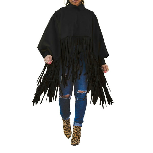 Kmbangi Women Solid Color Fringe Sweatshirt High Neck Tassel Poncho Pullover