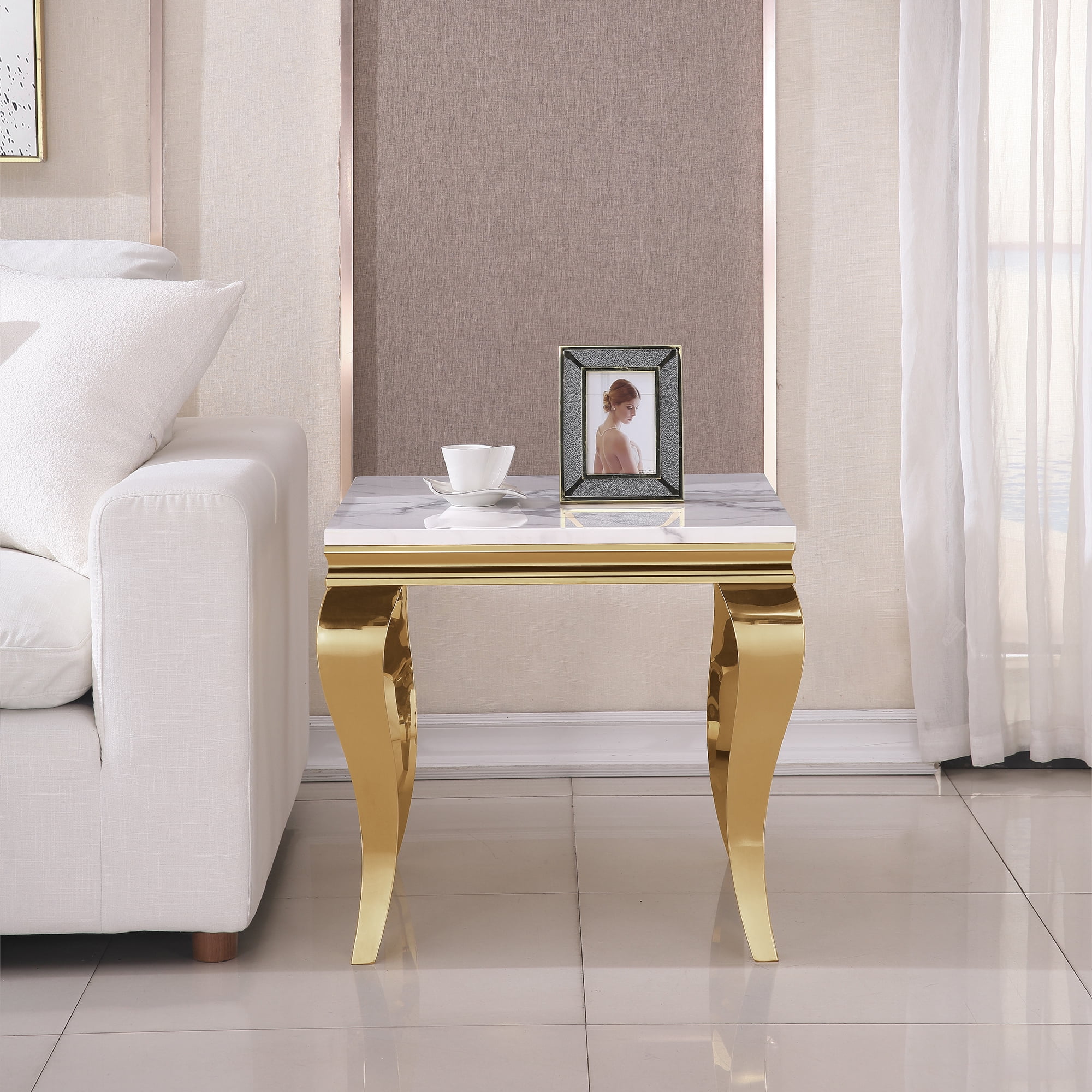 22.83" Square Faux Marble End Table, Marble-Patterned Top with Gold Mirrored Stainless Steel S-Shaped Legs, for Hallway, Living Room, Bedroom