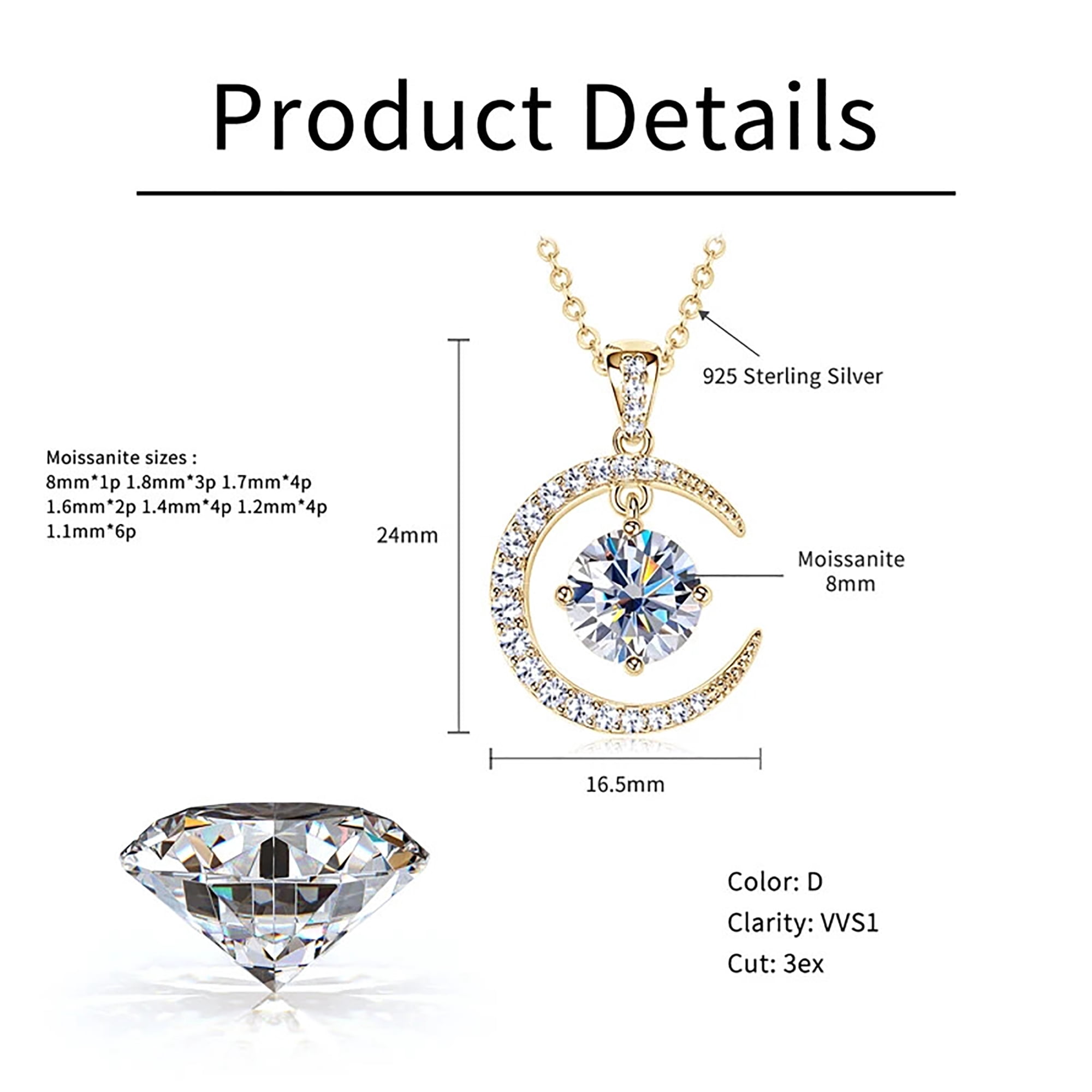 Sparkling 2.3 Ct Moissanite Stars Moon Necklace For Women S925 Sterling Silver Gold Plated Pendant Necklace D VVS1 Color Moissanite Diamond Necklace Jewelry Gift Chain